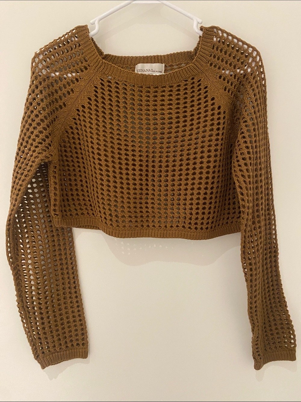 EUC Zenana Brown Open Knit Boho Crop Long Sleeve Top Size M